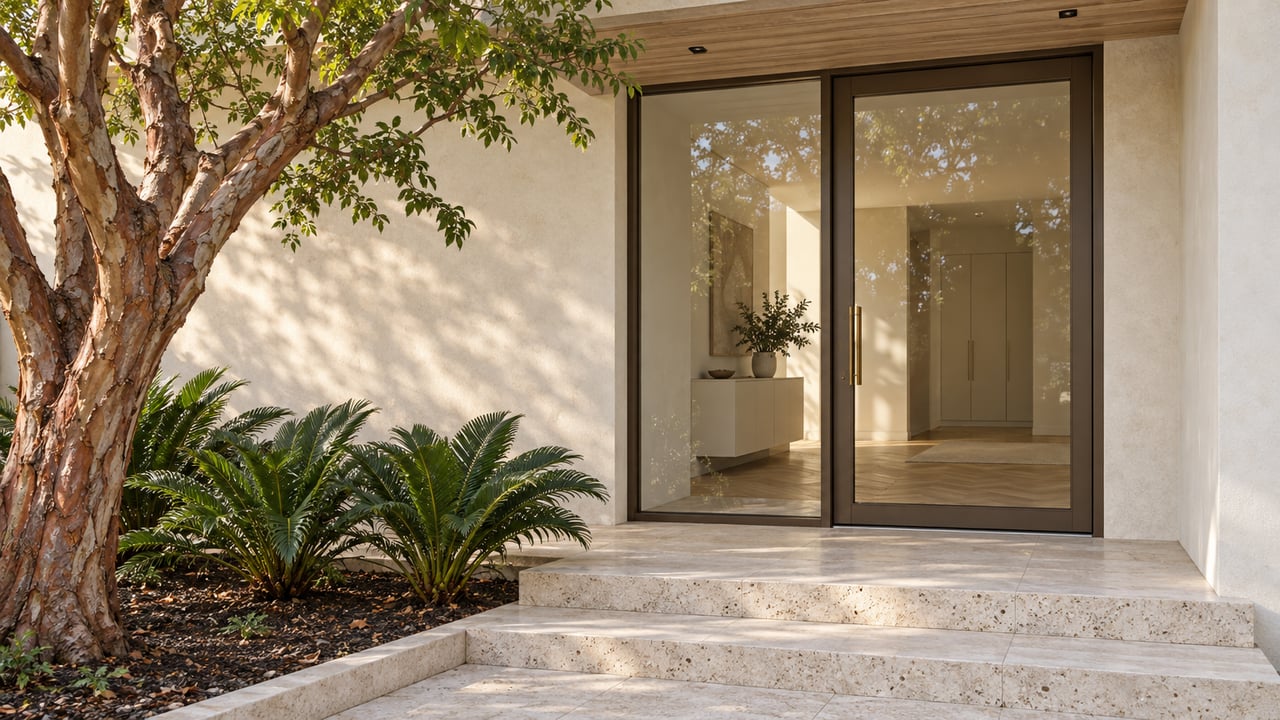 Sheltered contemporary entry with ivory stucco, bronze-framed glazing, pale limestone steps and sculptural tropical planting.