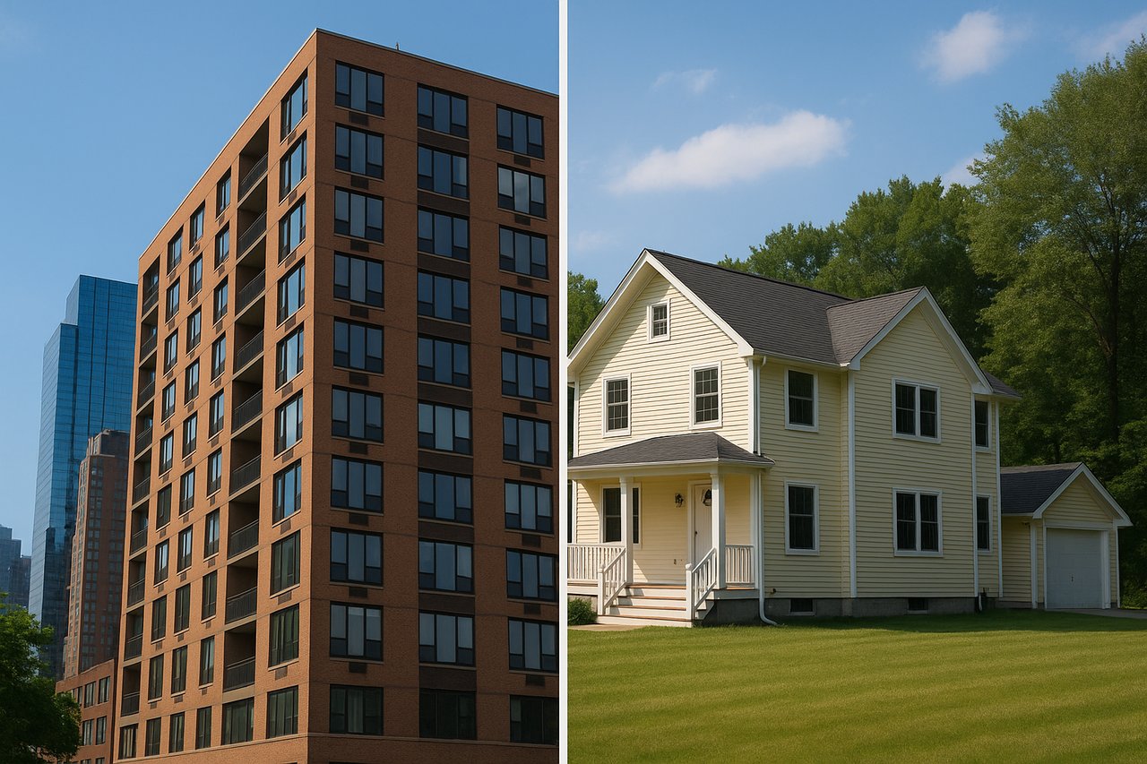 Split-screen image showing contrast between a Hudson County urban high-rise apartment and a suburban single-family home in Upstate New York.