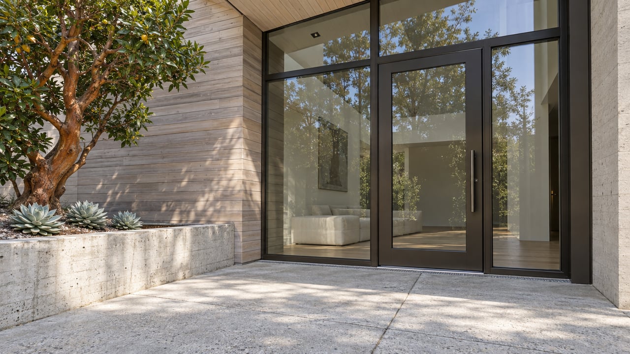 Low-angle view of a pale concrete entry terrace, cedar-clad facade, bronze-framed glazing and a sculptural strawberry tree in a raised bed.