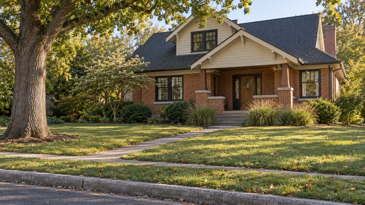 Red-brick Craftsman house with an ivory gable, broad porch, and mature oak beside an offset walk.
