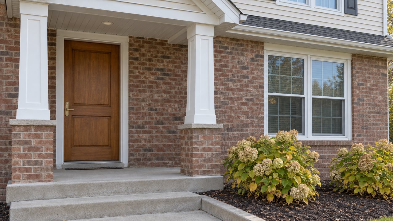 Covered entry of a brick and ivory-sided suburban home with a warm wood door, paired white windows, concrete steps and fading hydrangea flowers.