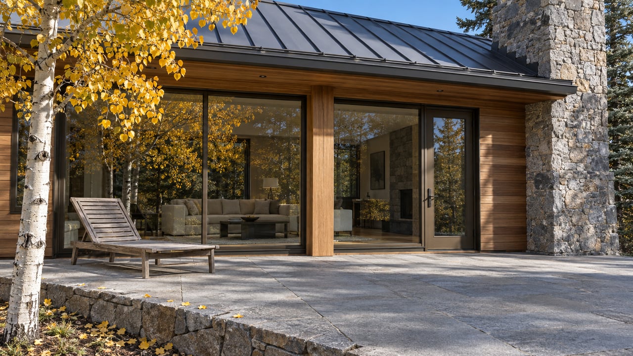 Cedar and stone home with bronze-framed glazing, a granite terrace and golden aspen leaves in clear afternoon light.