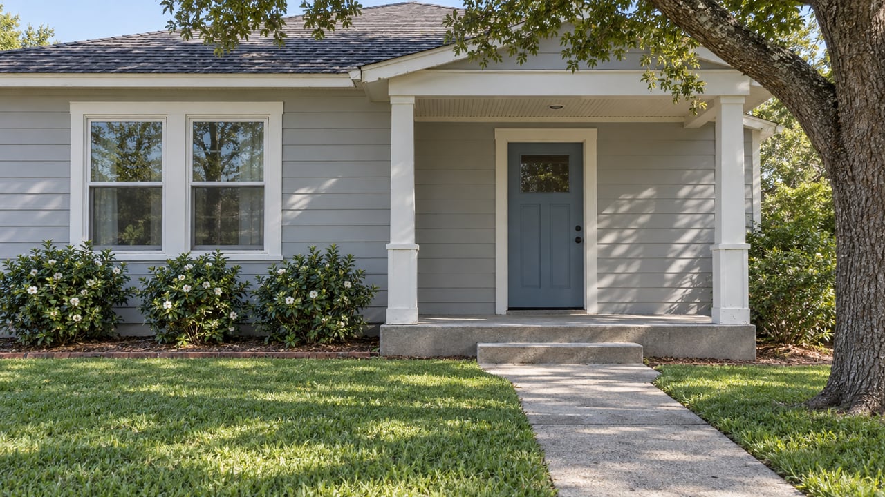 A pale-gray single-story home with a blue front door, shaded porch, established lawn and gardenias beneath paired windows.