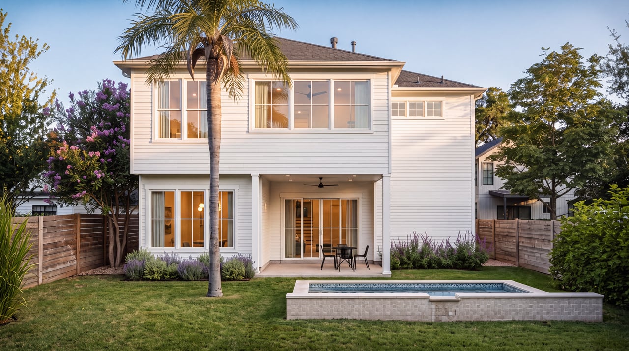 White two-story house with a backyard pool, palm tree, and covered patio.
