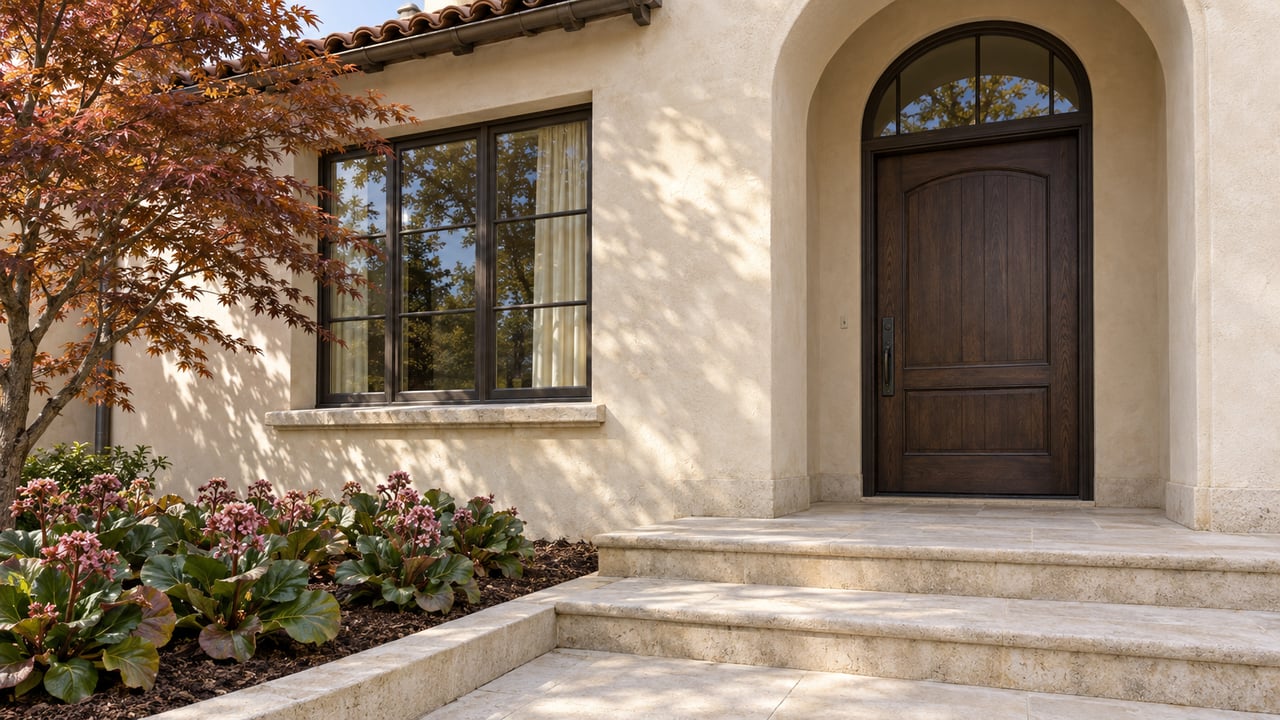 Ivory stucco home with a recessed oak entry, limestone steps, and a copper-red Japanese maple.