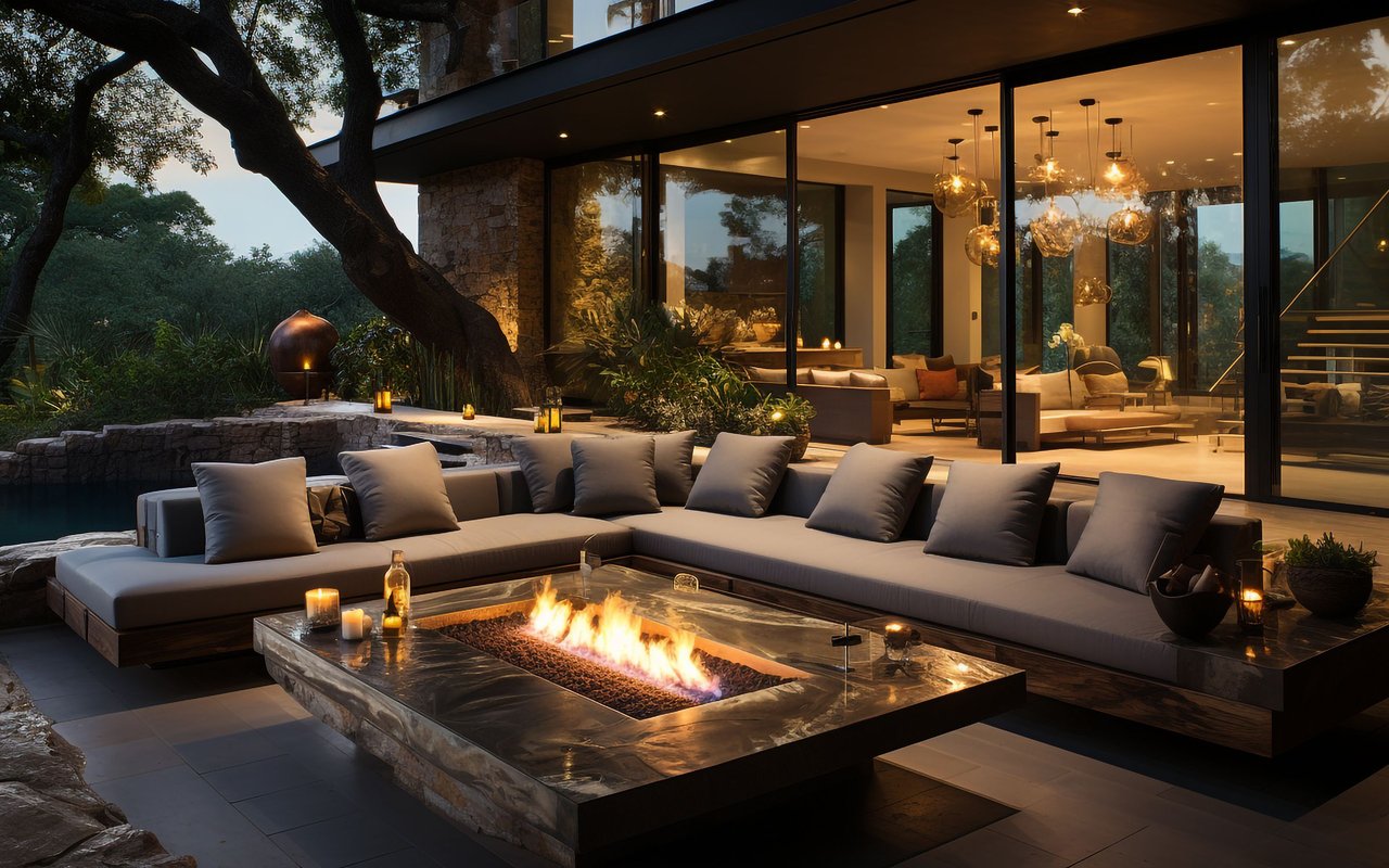 Modern home patio with sectional seating around a long stone fire pit.