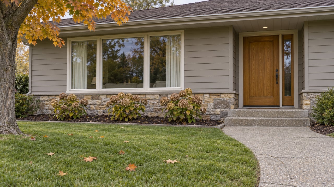 An autumn ranch entrance with gray siding, stone foundation, an oak door and a broad window overlooking a green lawn.