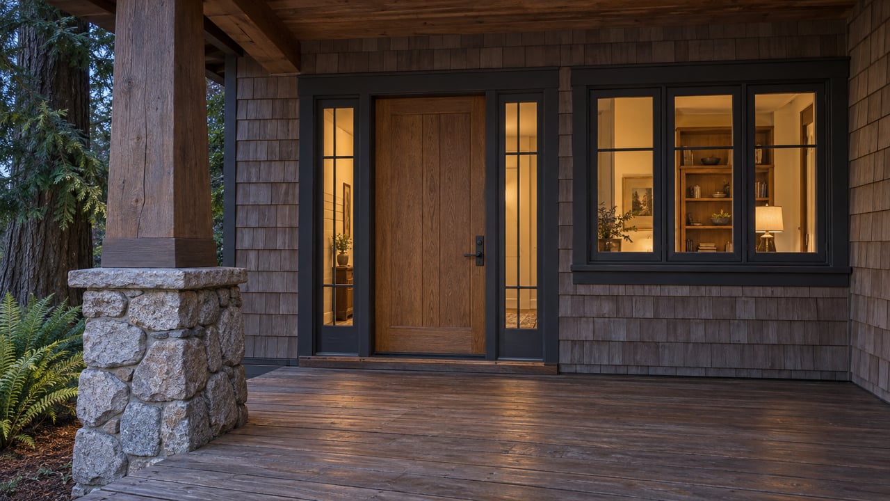 A sheltered cedar-shingle entry with an oak door, granite-based timber column, and warm windows in blue evening light.