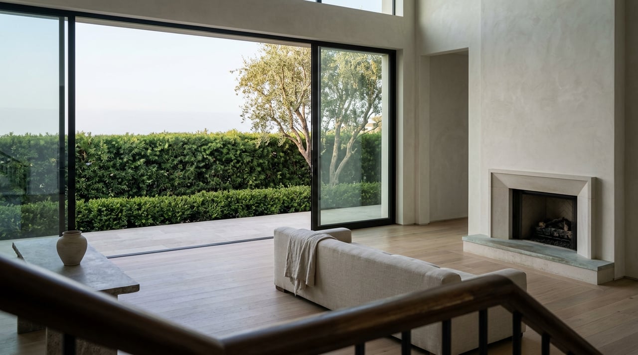 A double-height living room with a linen sofa, limestone fireplace, and glass doors opening onto a hedged terrace.