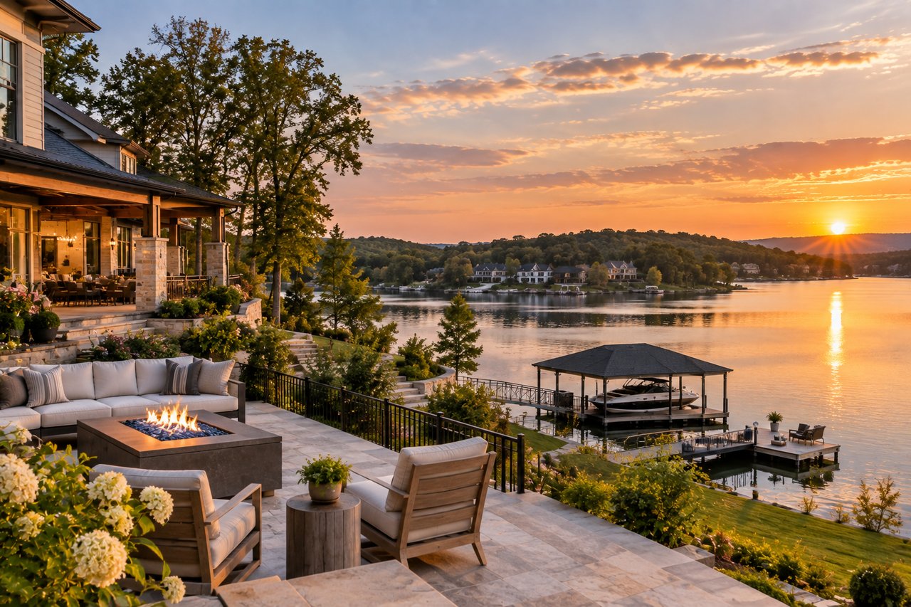 Luxury lakefront home in Gallatin, Tennessee, featuring a private boat dock, upscale outdoor living spaces, and scenic waterfront views near Nashville.