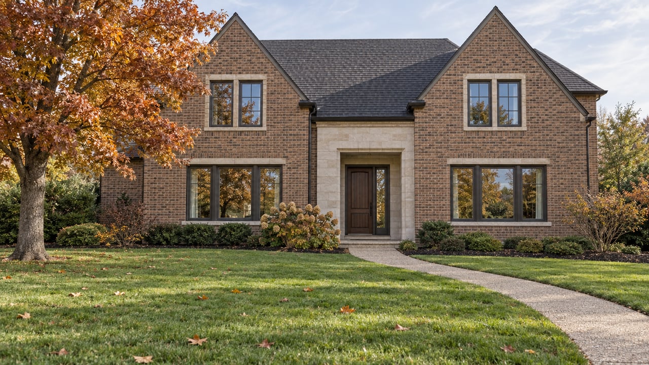 A brick and limestone home with steep gables, a deep front lawn, an autumn maple, and a curved walk leading to a dark wood entrance.