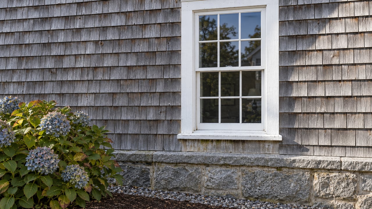 White divided-light window in weathered cedar shingles above a granite foundation, beside faded blue hydrangea flowers.