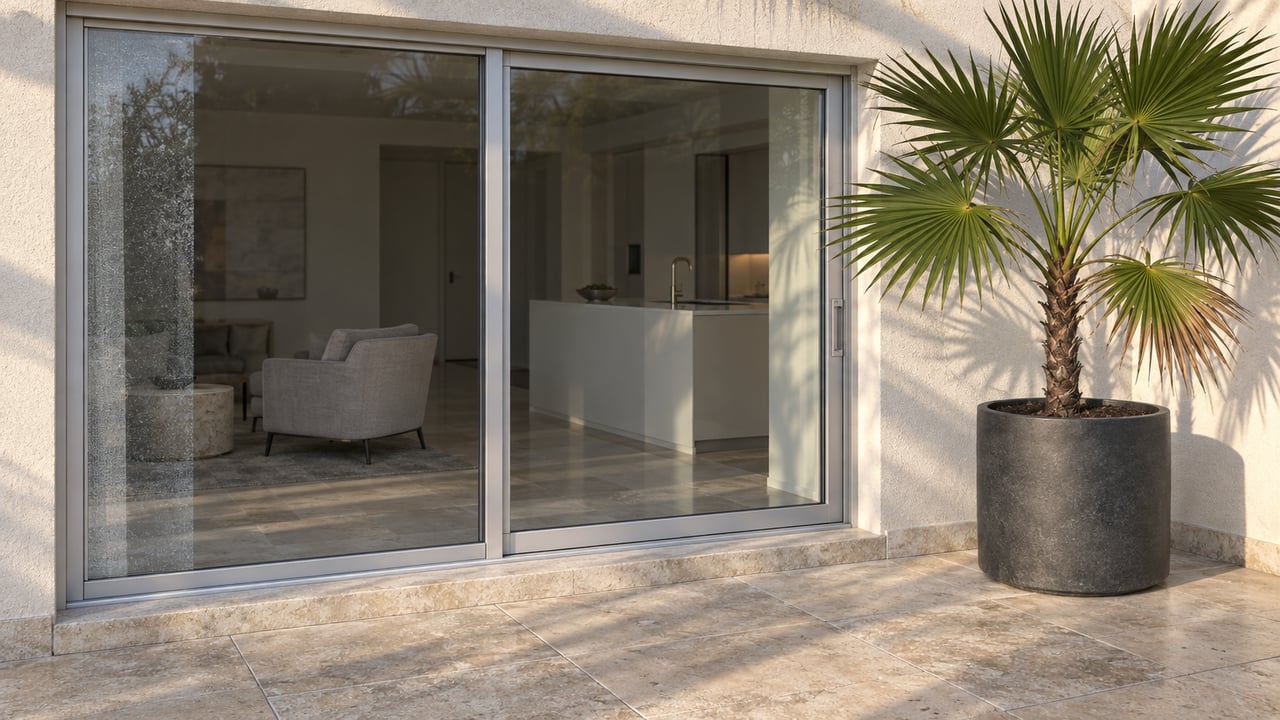 Close view of a light-stucco condominium terrace with silver-framed glass doors, worn limestone paving and one potted fan palm.