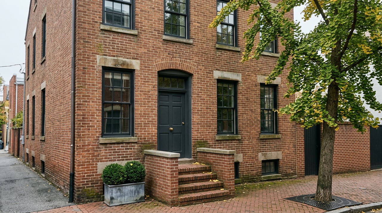 Brick rowhouse with a charcoal door, raised stoop, and golden ginkgo leaves arching overhead.