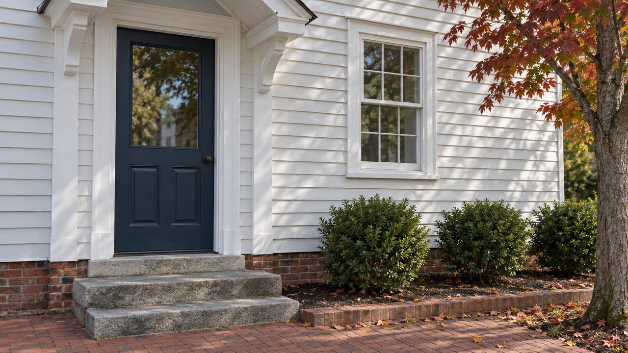 White clapboard entry with a navy paneled door, granite steps, brick landing, and clipped shrubs.