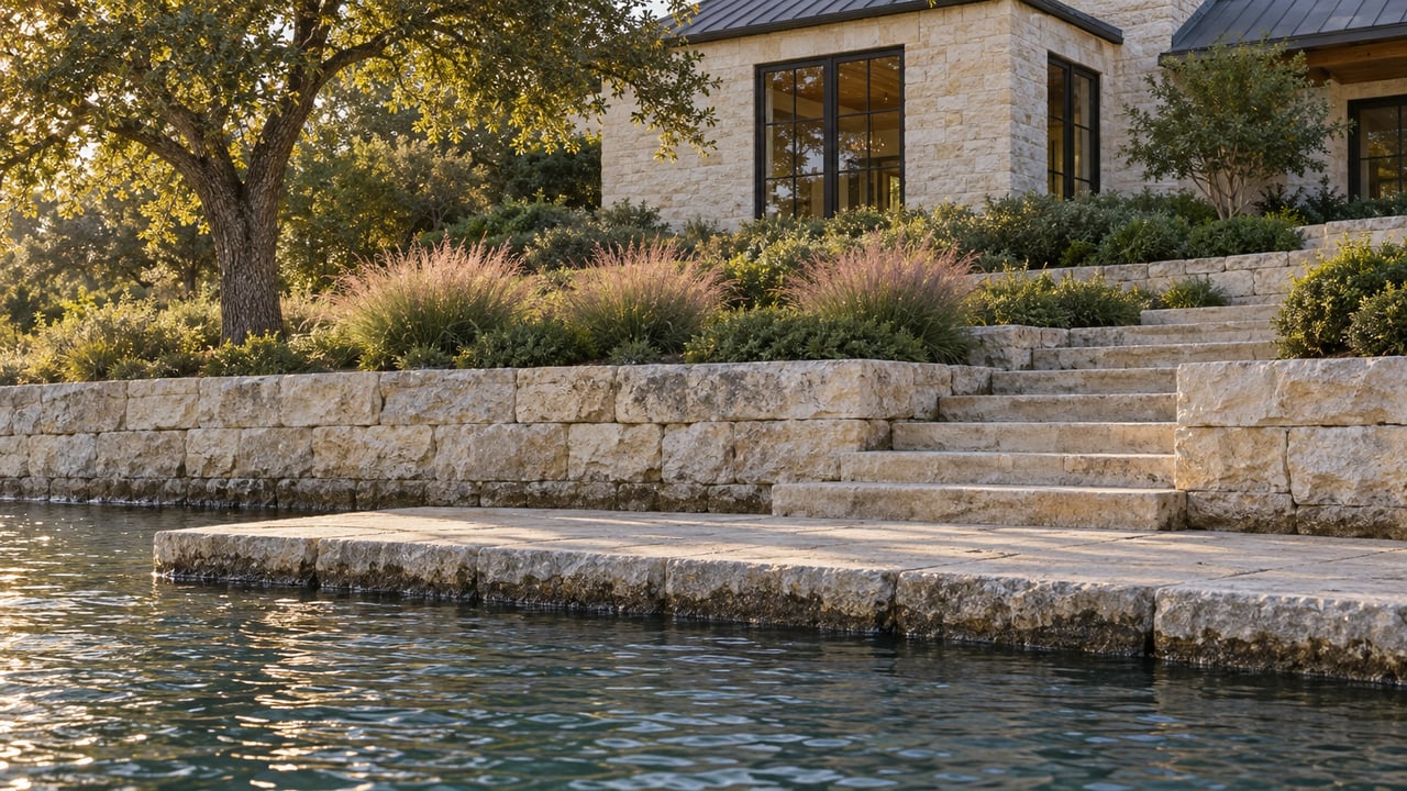 Limestone lakeside house rises above rippled water, with broad stone steps and an oak tree.