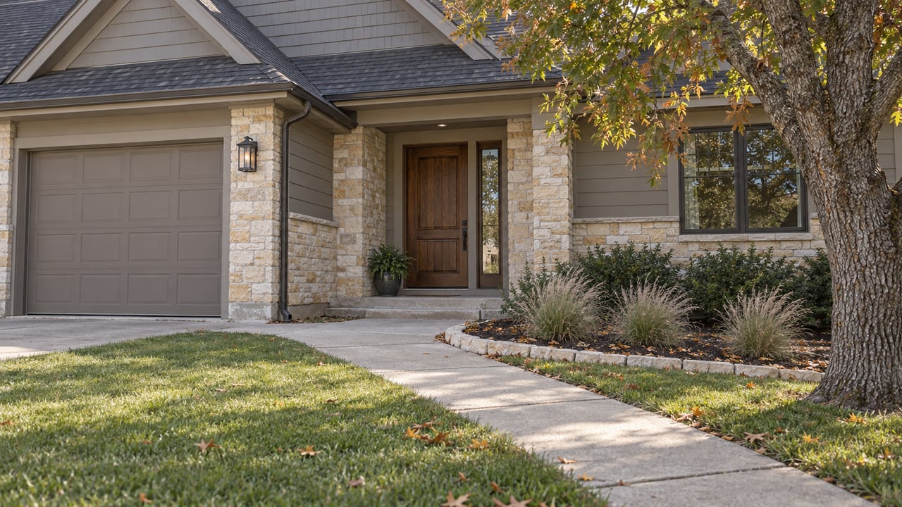 Detached house with intersecting gables, limestone veneer, recessed oak entry, and a concrete walk across the lawn.