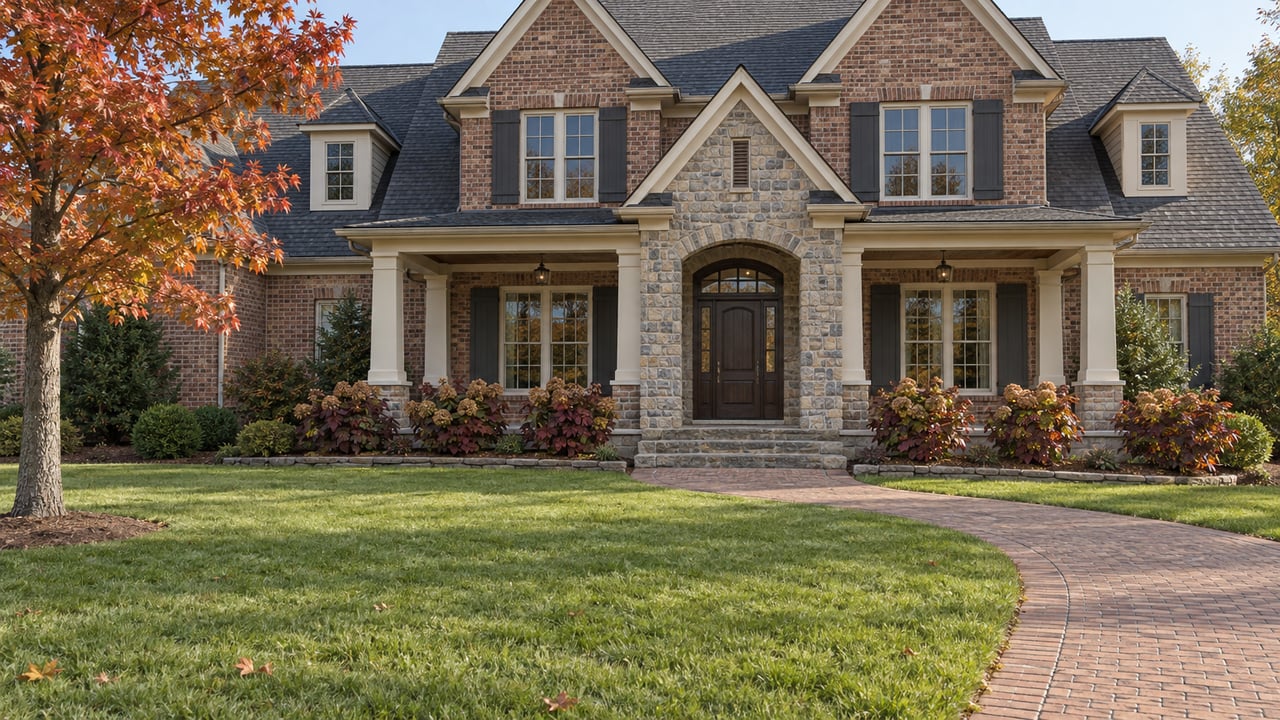 Brick-and-stone home with steep gables and a deep porch beyond a broad autumn lawn and curved brick walkway.