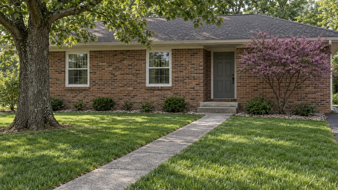 Brick ranch with white windows, recessed entry, and a concrete walk across the lawn beneath a mature oak.
