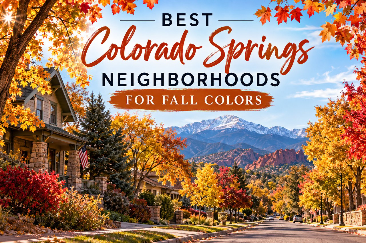 Best Colorado Springs neighborhoods for fall colors, over an autumn street with mountain views.