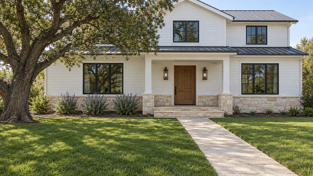 White-sided home with black-framed windows, cream stone porch, oak entry door, and a deep lawn beside a mature oak.