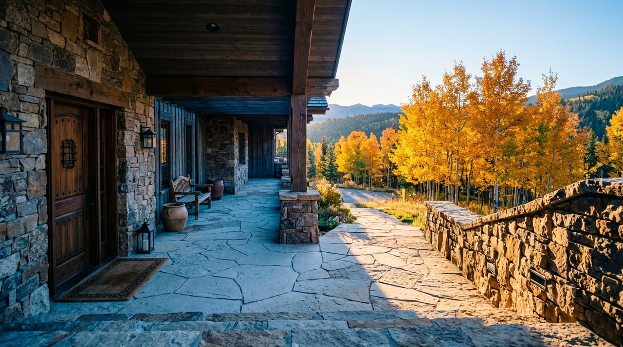 Covered stone entry breezeway with timber beams, steps, and golden aspens beyond.