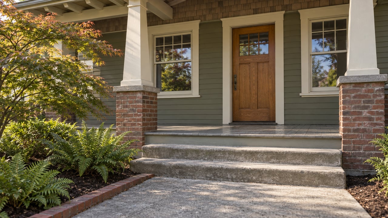 Low-angle view of a heritage home's covered porch, oak front door, painted wood siding and worn concrete steps beside a Japanese maple and sword ferns.