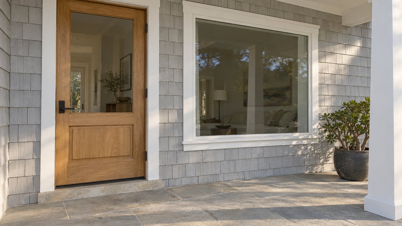 Morning light across a pale-gray shingled home's glazed oak entrance, limestone porch and a single potted jade plant.