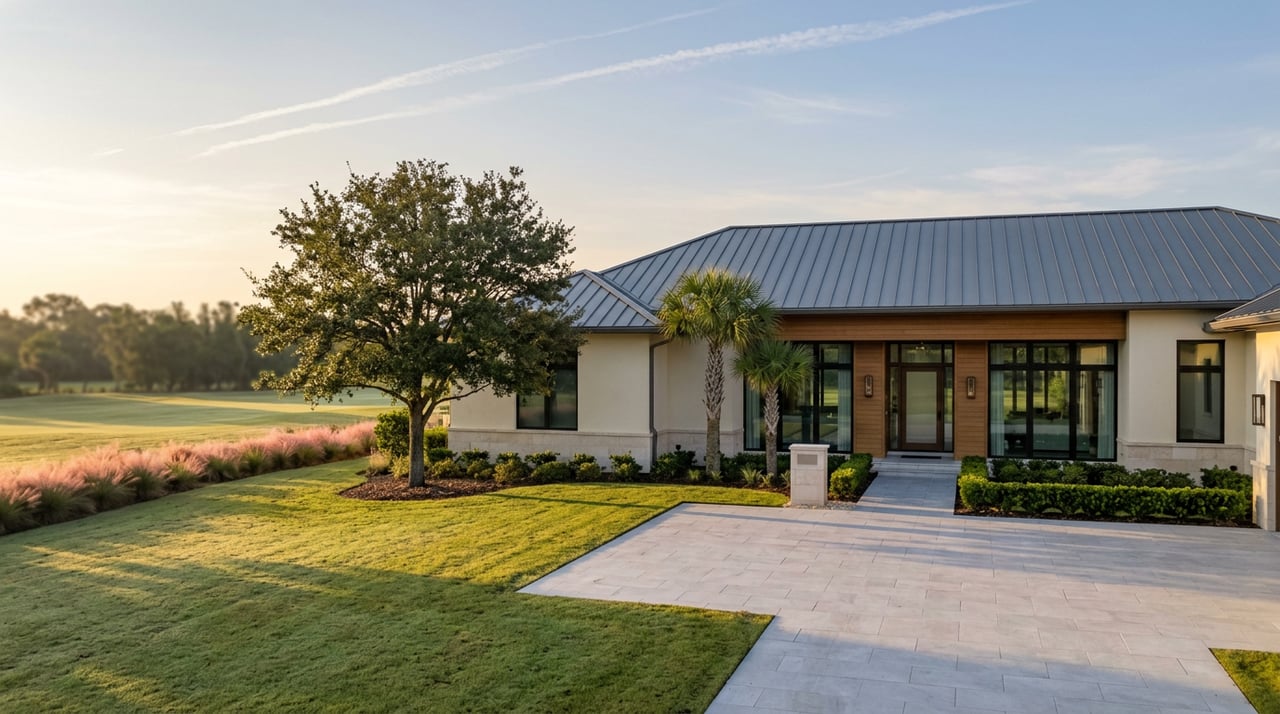 Modern estate home beside an open golf fairway, with a broad-canopied oak and pink muhly grass.