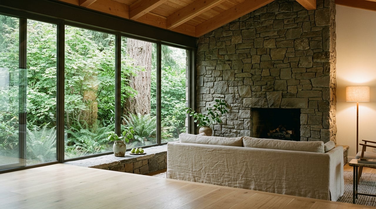 Linen sofa faces a fieldstone fireplace beneath fir beams, with dense vine maple and ferns beyond the glazing.