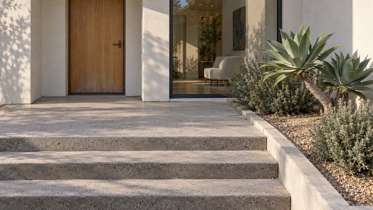 Warm-white stucco home entry with an oak door, tall glazing, broad concrete steps, and a planted agave bed.