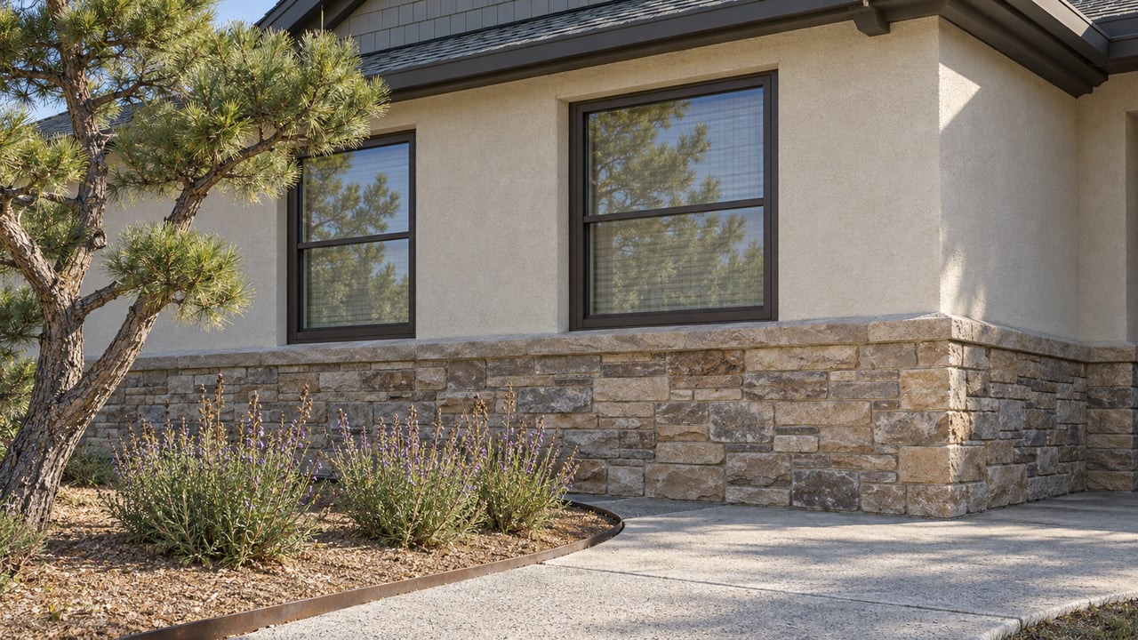 Sunlight on an ivory stucco and tan stone home exterior, with dark-framed windows, a curved concrete walk and a sculptural pine.