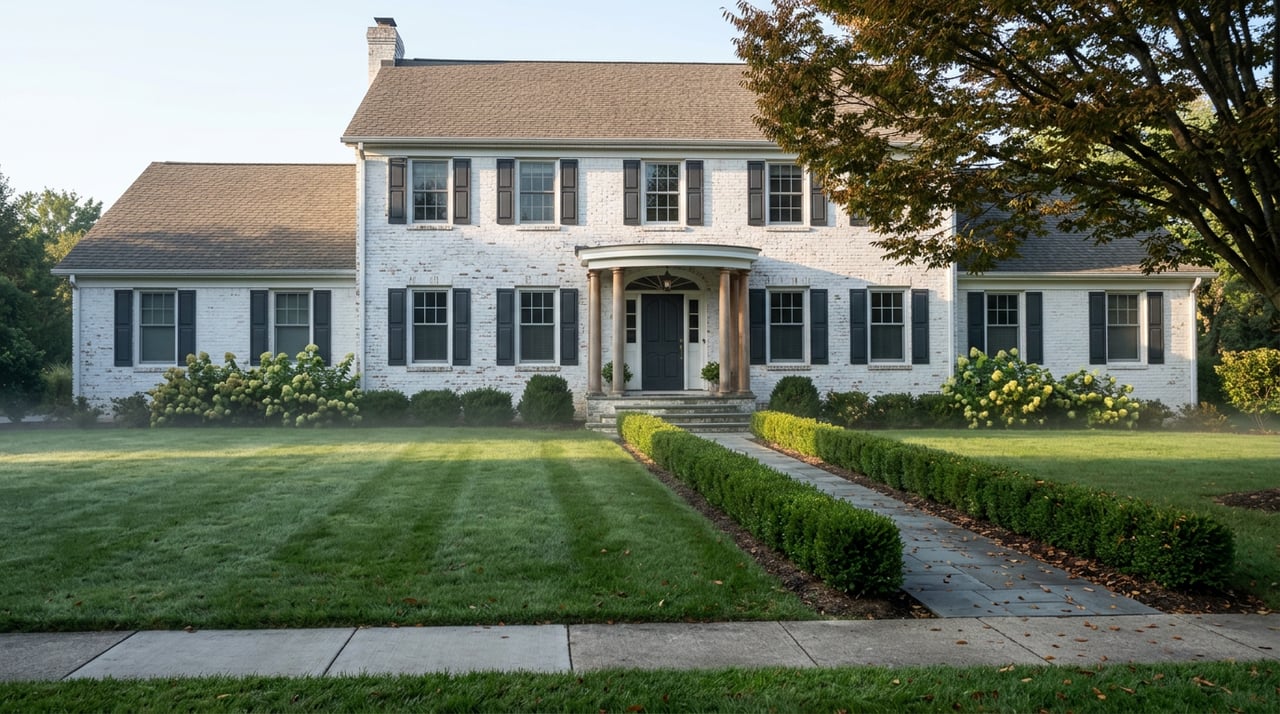 Painted-brick colonial with a charcoal portico, bluestone walkway, clipped boxwood hedges, and a mature tree.