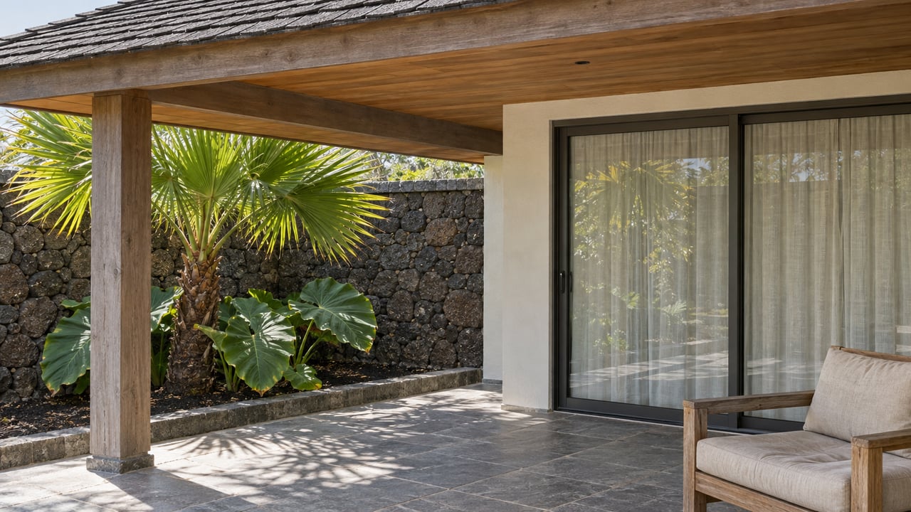 Covered timber lanai with basalt paving, a closed glass slider, a weathered teak chair and a palm beside a volcanic-stone garden wall.