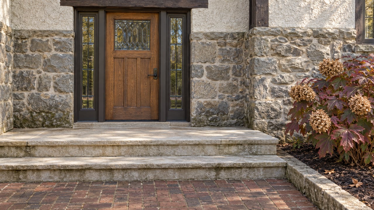 Oak and leaded-glass entry framed by weathered stone, above limestone steps and a brick approach beside burgundy oakleaf hydrangea.
