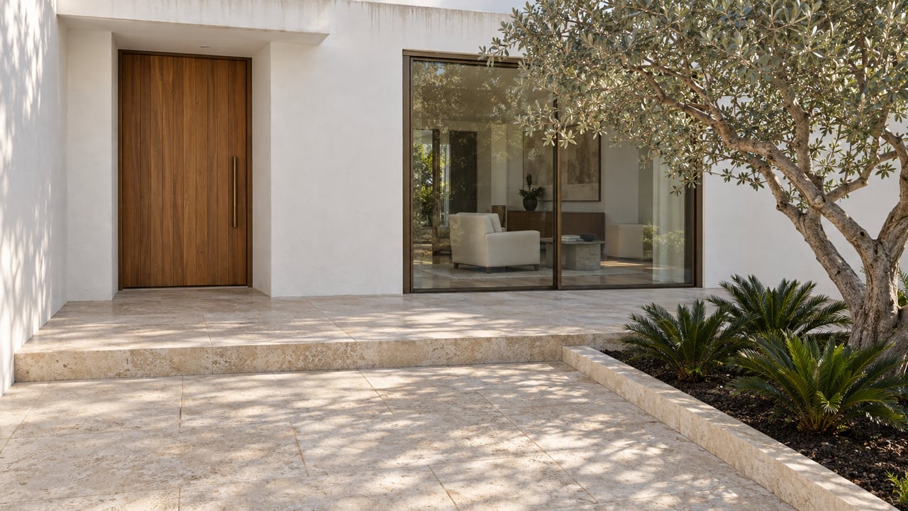 Elevated view of a white stucco home's teak entrance, bronze-framed glazing and limestone courtyard beside a silver buttonwood tree.