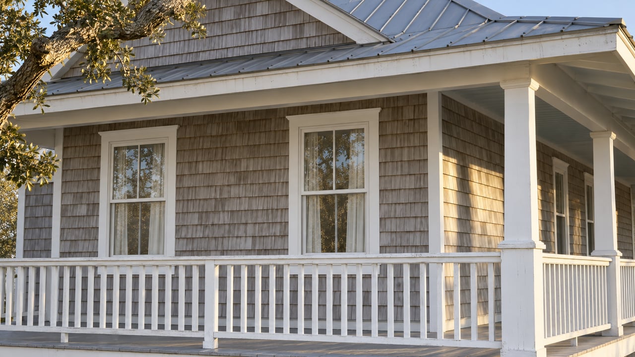 Gray-beige shingled home with white porch woodwork, closed sash windows and a muted metal roof in afternoon light.