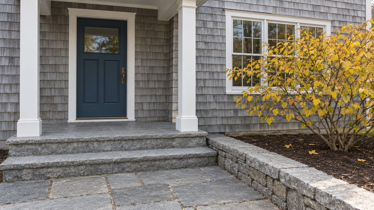 Weathered gray shingle home with a blue front door, white porch posts, granite steps and a yellow-leaved witch-hazel beside the entry.