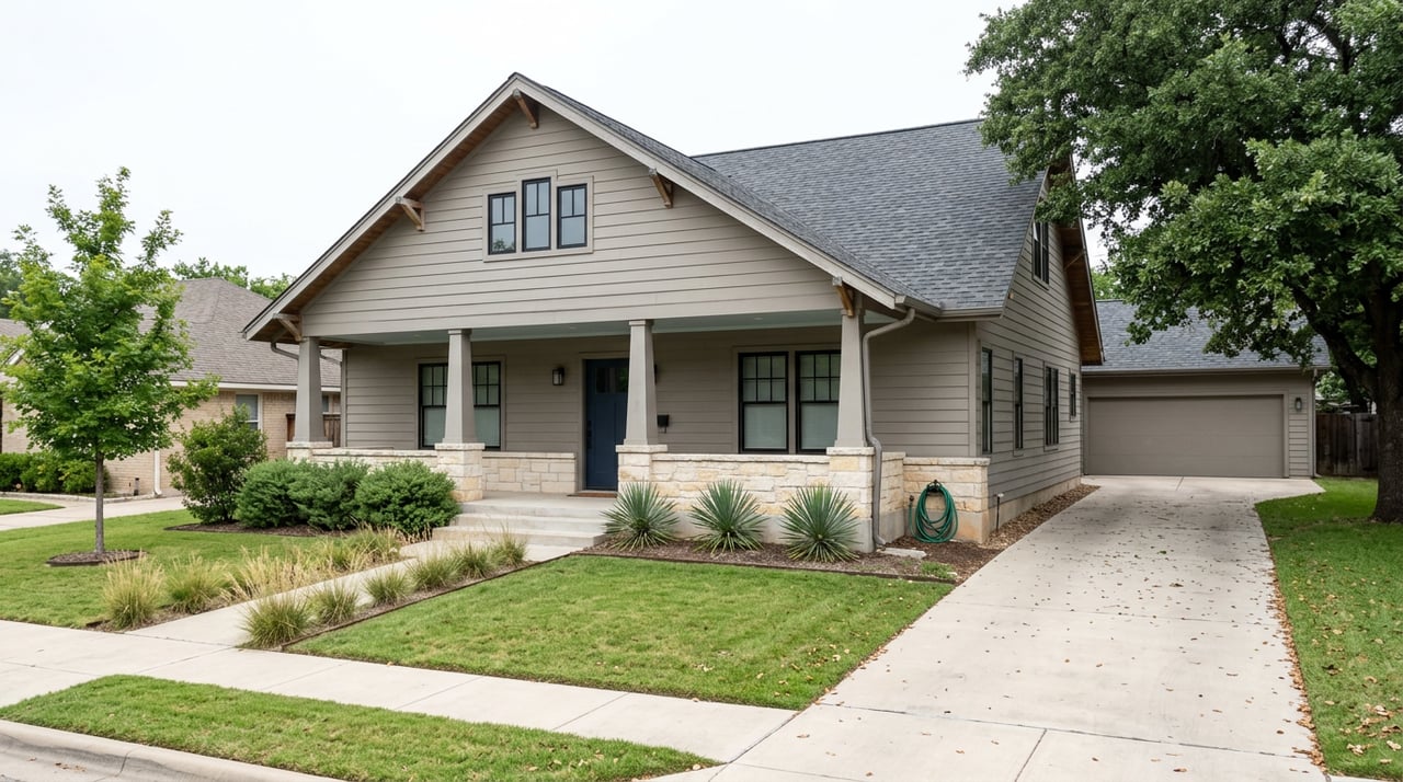 Gray Craftsman home with a stone-based porch, navy door, broad lawn, and mature oak canopy.