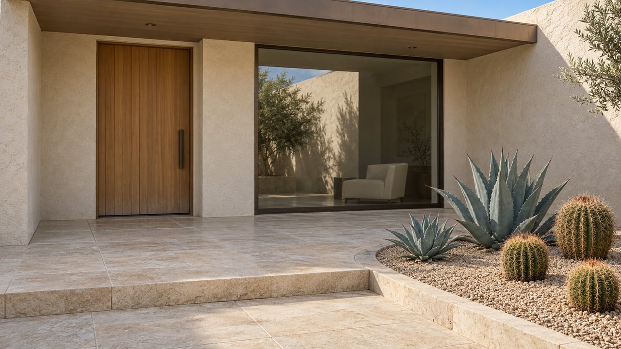 Cream stucco home entry with a wood door, bronze-framed glazing, limestone steps, agaves and barrel cacti.