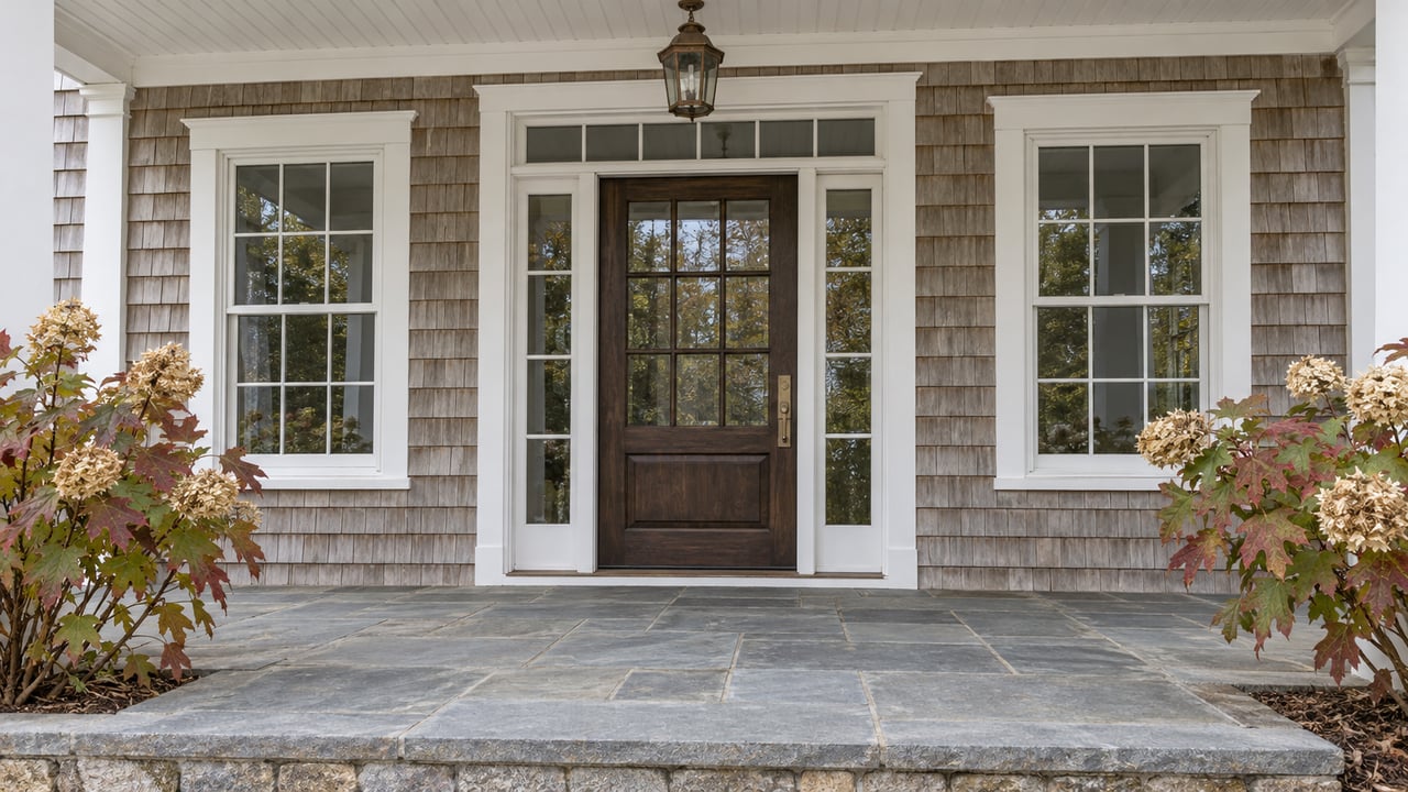 Taupe-shingled home entrance with a divided-light wood door, white trim, blue-gray stone terrace and autumn oakleaf hydrangeas.