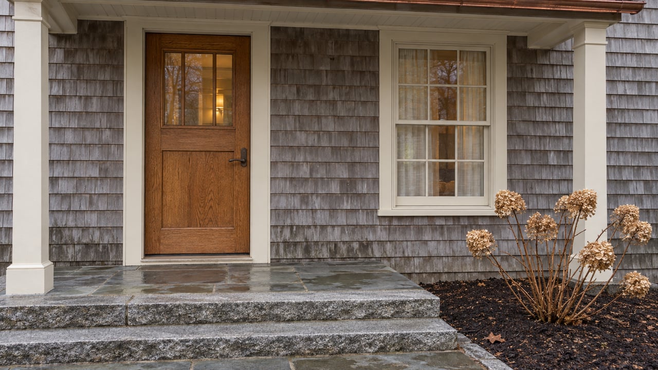 Weathered cedar-shingle home entry with an oak door, granite steps and dried hydrangea flowers in soft autumn light.