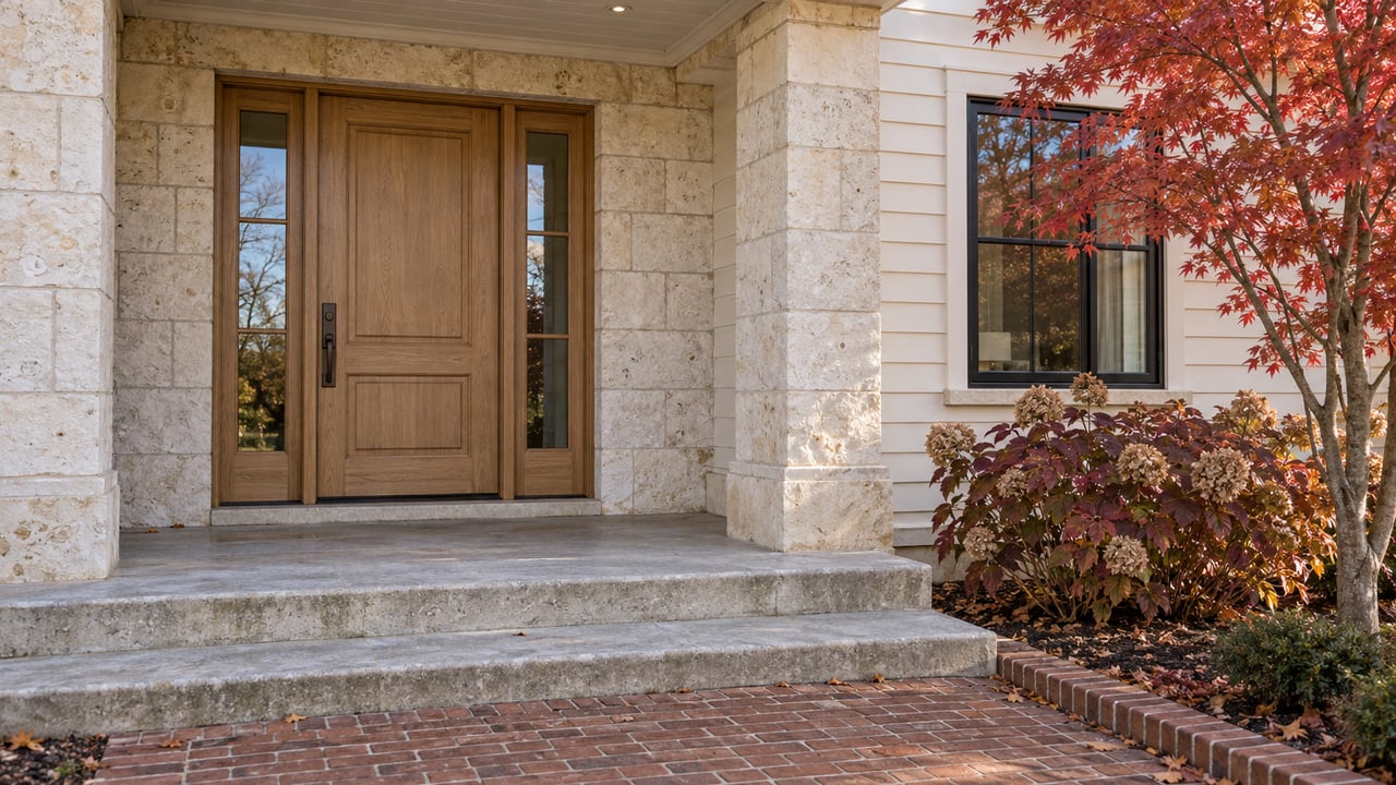 Sunlit limestone entrance with a natural oak door, dark-framed glazing and burgundy autumn planting beside brick steps.