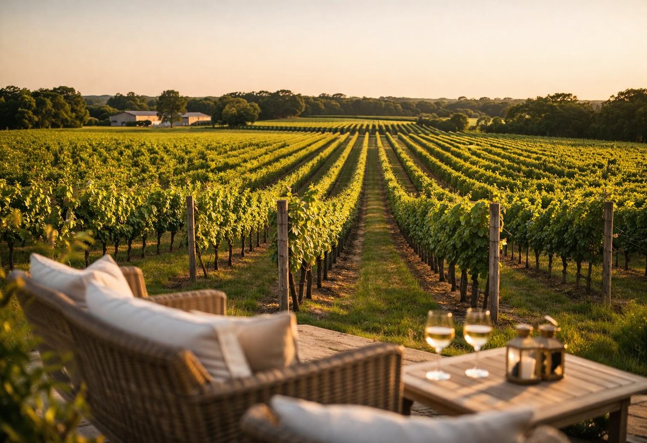 North Fork grape vines in long rows stretching into the distance