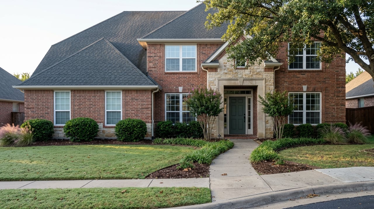 Two-story brick-and-stone home with a green front door, curved walkway, and live oak canopy.