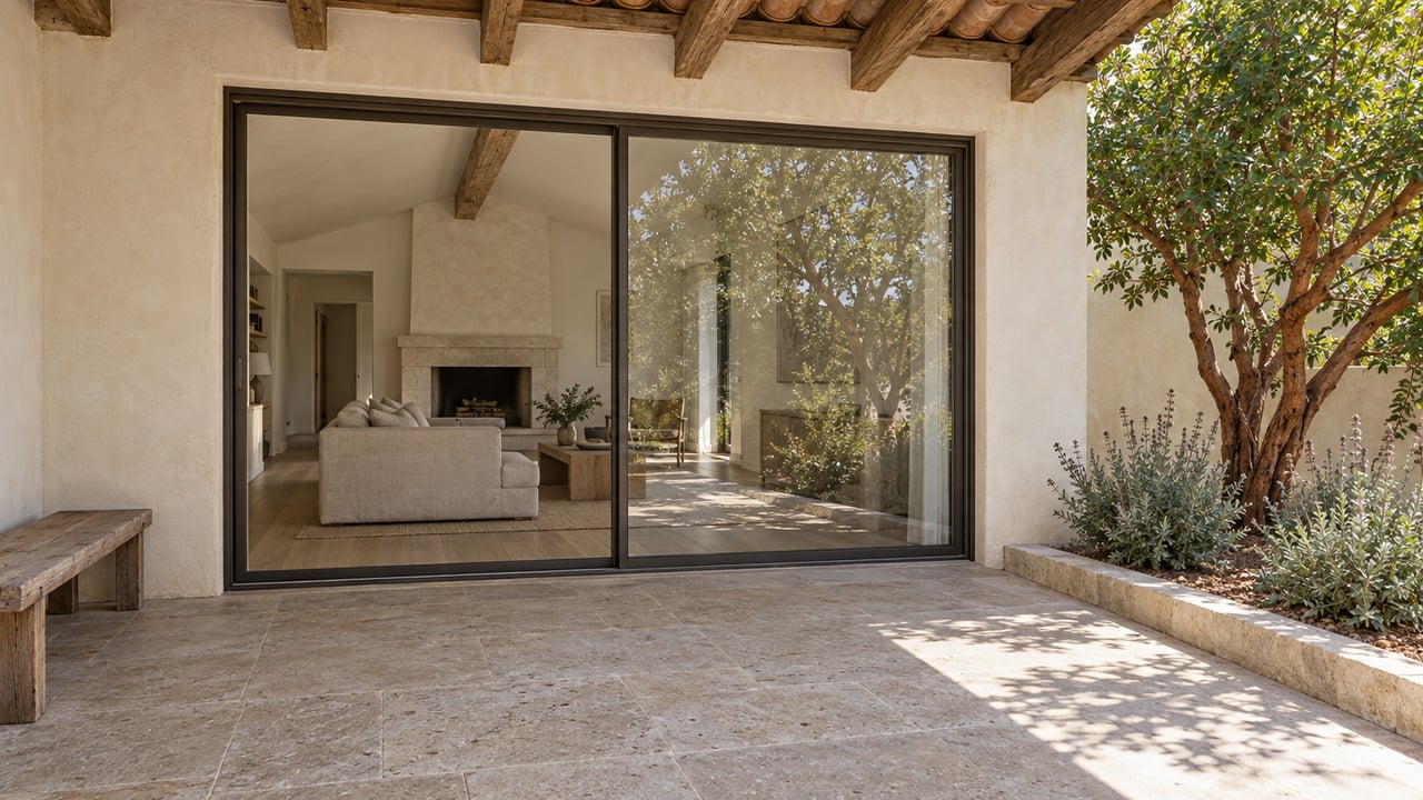 Sunlit limestone terrace beside bronze-framed glass doors, cream plaster walls and a sculptural strawberry tree.