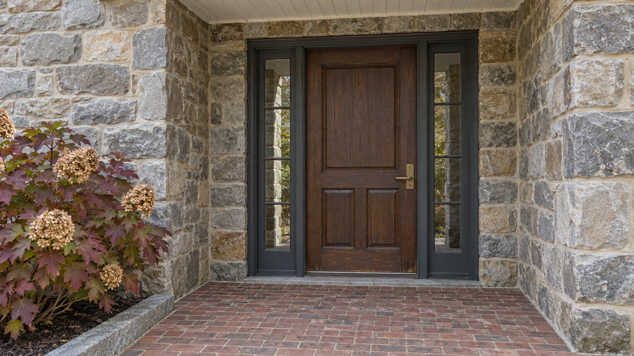 Recessed fieldstone house entrance with a dark oak door, two glazed sidelights, a worn brick landing and burgundy oakleaf hydrangea.