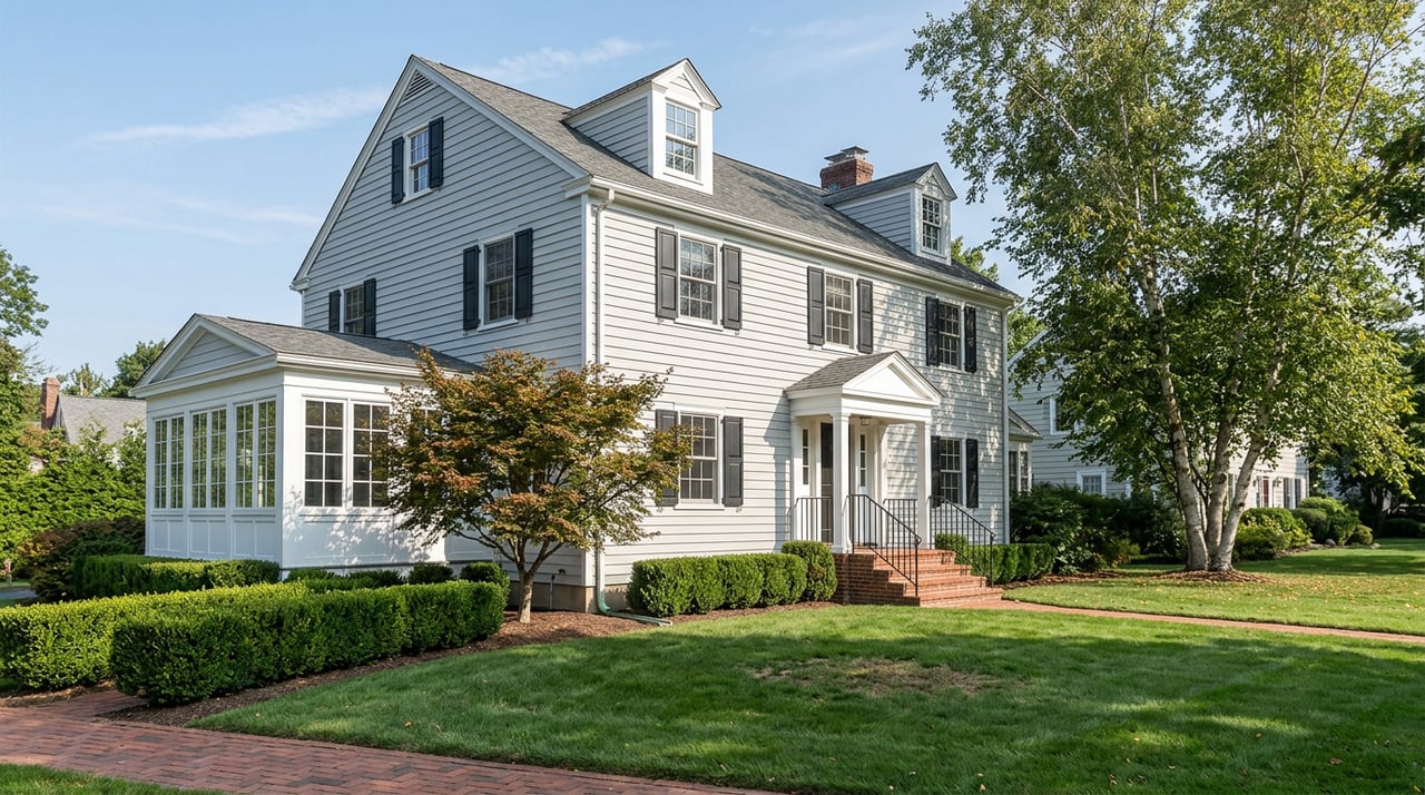 Pale gray Colonial with a white portico, black shutters, brick walk, clipped boxwoods, and a Japanese maple.