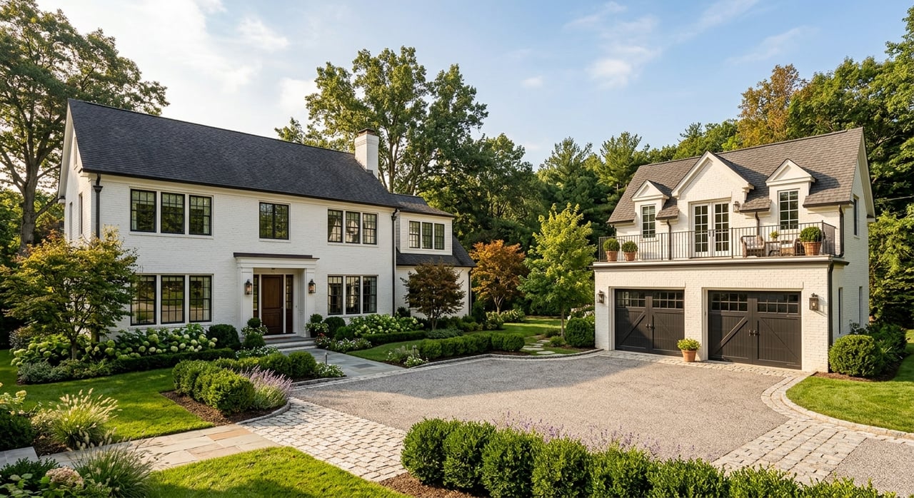 Detached garage with cedar-clad studio above, beside a white brick house and limestone driveway court.