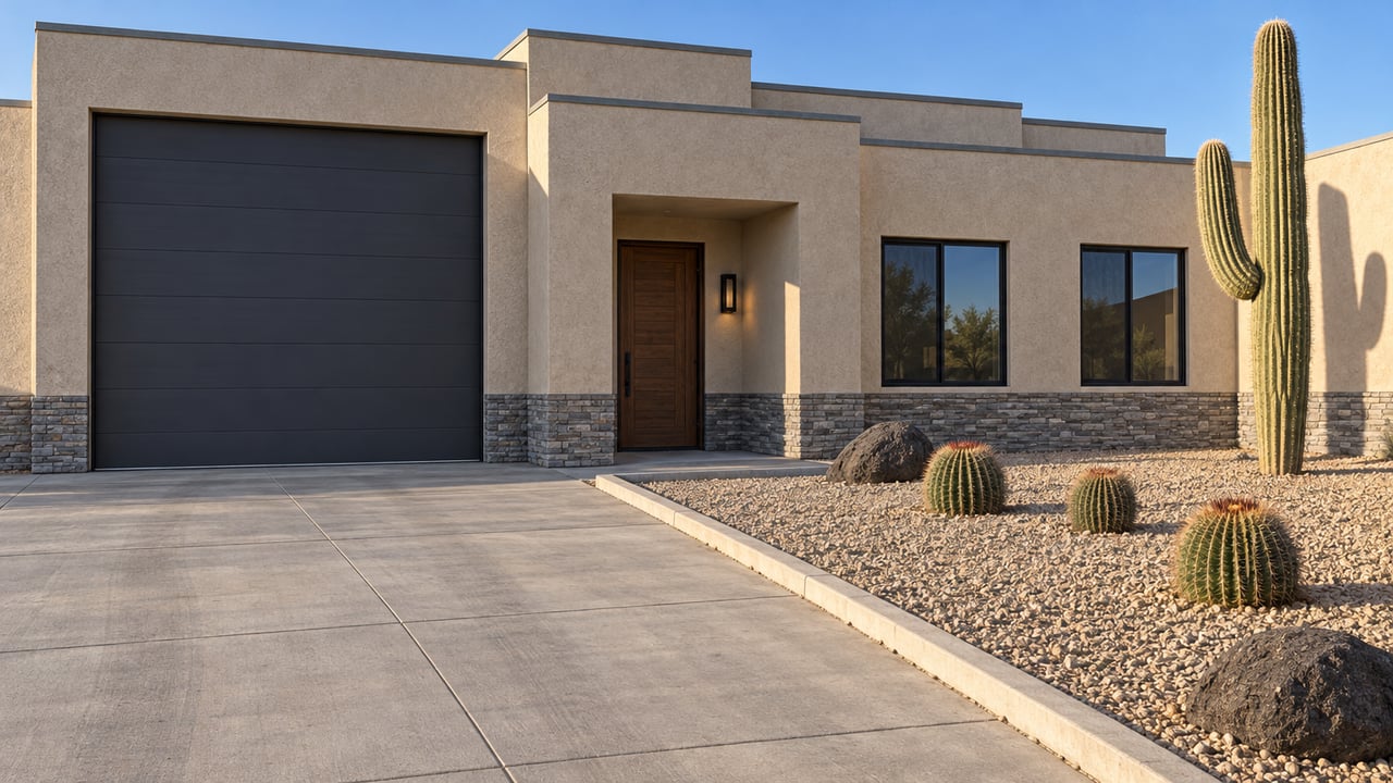 Sand-stucco home with a tall charcoal garage door, recessed entry, broad concrete driveway and sculptural cacti in a gravel yard.